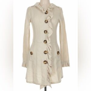 Ruffle-Trim Long Sleeve Cream Button Front Dress